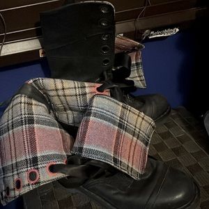 Doc martin leather boots, silk laces, fold down with plaid flannel inside.